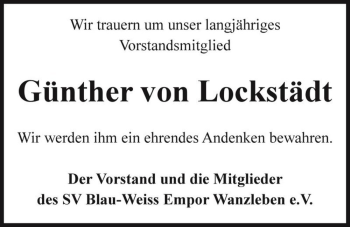 Traueranzeige von Günther von Lockstädt  von Magdeburger Volksstimme