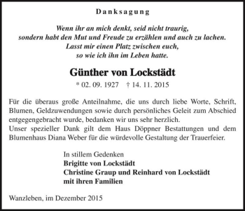 Traueranzeige von Günther von Lockstädt  von Magdeburger Volksstimme