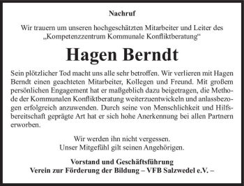 Traueranzeige von Hagen Berndt  von Magdeburger Volksstimme