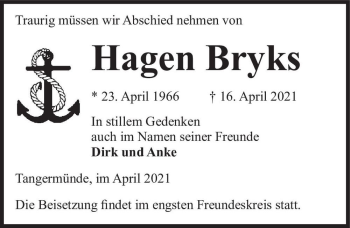 Traueranzeige von Hagen Bryks  von Magdeburger Volksstimme