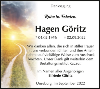 Traueranzeige von Hagen Göritz  von Magdeburger Volksstimme