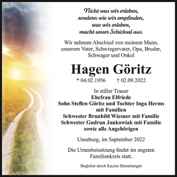Traueranzeige von Hagen Göritz  von Magdeburger Volksstimme