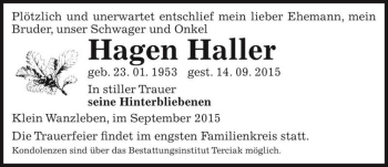 Traueranzeige von Hagen Haller  von Magdeburger Volksstimme