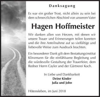 Traueranzeige von Hagen Hoffmeister  von Magdeburger Volksstimme