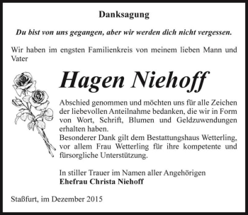 Traueranzeige von Hagen Niehoff  von Magdeburger Volksstimme