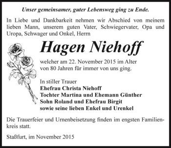 Traueranzeige von Hagen Niehoff  von Magdeburger Volksstimme