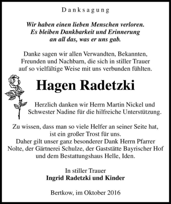 Traueranzeige von Hagen Radetzki  von Magdeburger Volksstimme