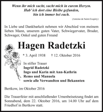Traueranzeige von Hagen Radetzki  von Magdeburger Volksstimme