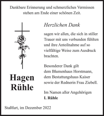 Traueranzeige von Hagen Rühle  von Magdeburger Volksstimme