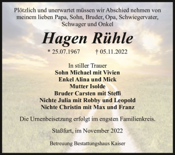 Traueranzeige von Hagen Rühle  von Magdeburger Volksstimme