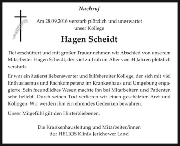 Traueranzeige von Hagen Scheidt  von Magdeburger Volksstimme
