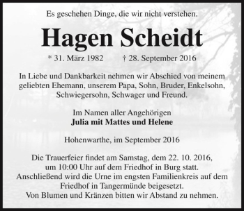 Traueranzeige von Hagen Scheidt  von Magdeburger Volksstimme