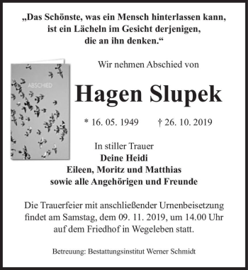 Traueranzeige von Hagen Slupek  von Magdeburger Volksstimme