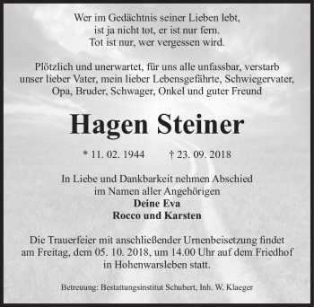 Traueranzeige von Hagen Steiner  von Magdeburger Volksstimme
