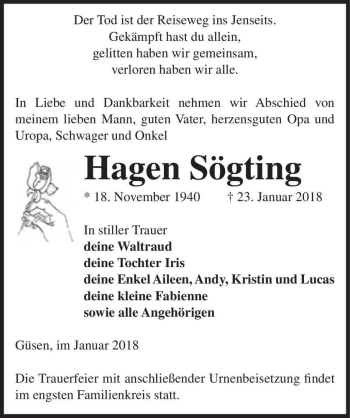 Traueranzeige von Hagen Sögting  von Magdeburger Volksstimme