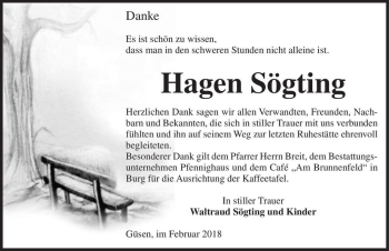 Traueranzeige von Hagen Sögting  von Magdeburger Volksstimme