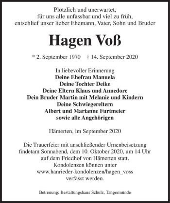 Traueranzeige von Hagen Voß  von Magdeburger Volksstimme