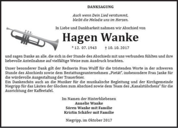 Traueranzeige von Hagen Wanke  von Magdeburger Volksstimme