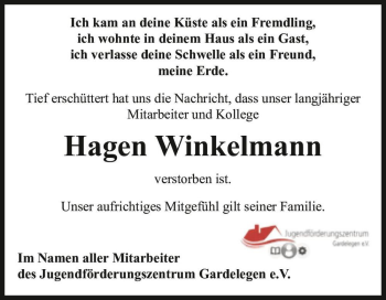 Traueranzeige von Hagen Winkelmann  von Magdeburger Volksstimme