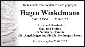 Traueranzeige von Hagen Winkelmann  von Magdeburger Volksstimme