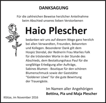Traueranzeige von Haio Plescher  von Magdeburger Volksstimme