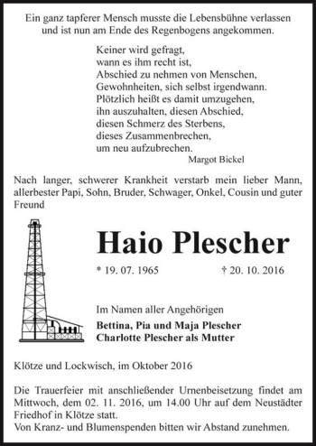 Traueranzeige von Haio Plescher  von Magdeburger Volksstimme