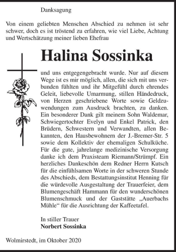 Traueranzeige von Halina Sossinka  von Magdeburger Volksstimme