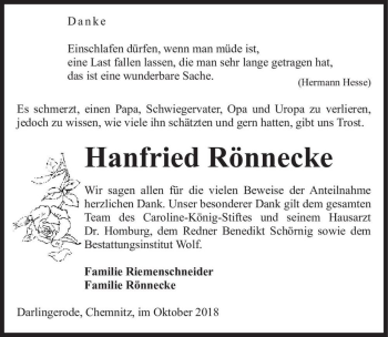 Traueranzeige von Hanfried Rönnecke  von Magdeburger Volksstimme