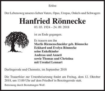 Traueranzeige von Hanfried Rönnecke  von Magdeburger Volksstimme