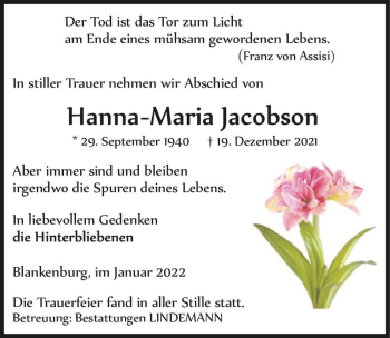 Traueranzeige von Hanna-Maria Jacobson  von Magdeburger Volksstimme