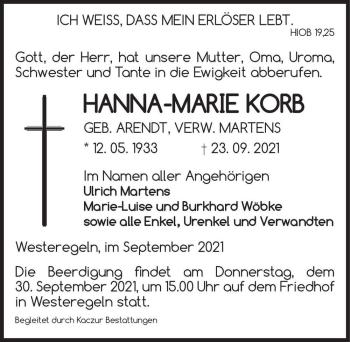Traueranzeige von Hanna-Marie Korb (geb. Arendt, verw. Martens)  von Magdeburger Volksstimme