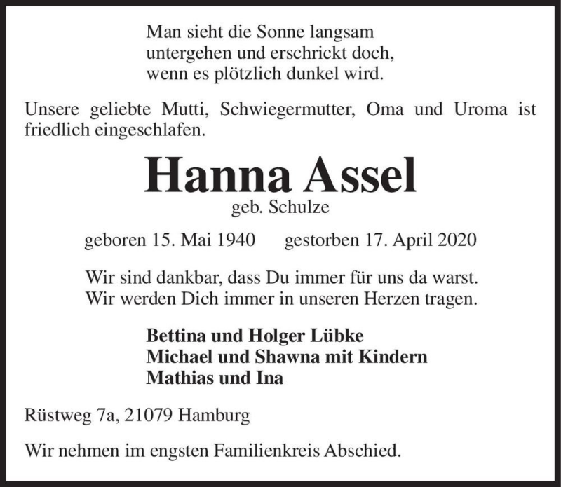  Traueranzeige für Hanna Assel (geb. Schulze)  vom 25.04.2020 aus Magdeburger Volksstimme