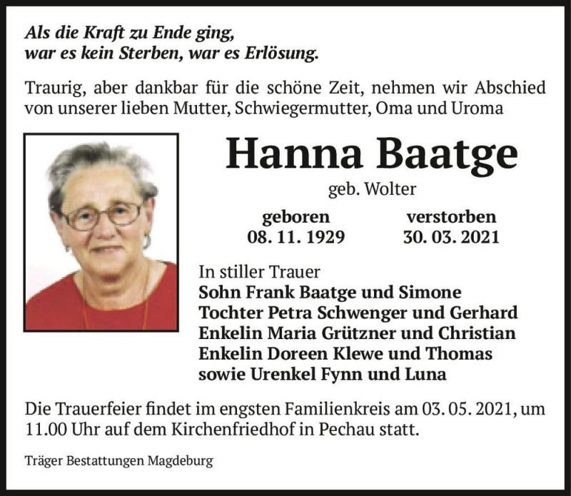  Traueranzeige für Hanna Baatge (geb. Wolter)  vom 24.04.2021 aus Magdeburger Volksstimme