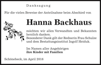 Traueranzeige von Hanna Backhaus  von Magdeburger Volksstimme