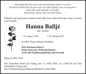 Traueranzeige von Hanna Balljé (geb. Baseler)  von Magdeburger Volksstimme