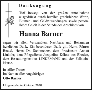 Traueranzeige von Hanna Barner  von Magdeburger Volksstimme
