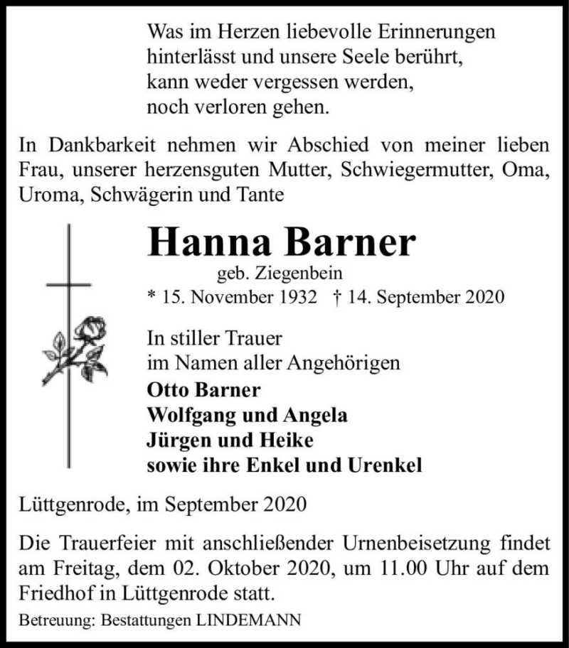  Traueranzeige für Hanna Barner (geb. Ziegenbein)  vom 19.09.2020 aus Magdeburger Volksstimme
