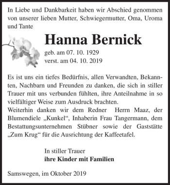Traueranzeige von Hanna Barnick  von Magdeburger Volksstimme
