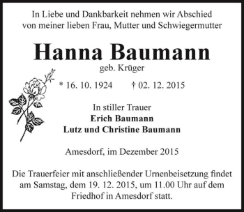 Traueranzeige von Hanna Baumann (geb. Krüger)  von Magdeburger Volksstimme