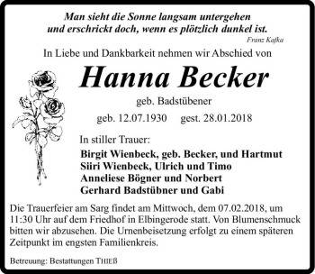 Traueranzeige von Hanna Becker (geb. Badstübener)  von Magdeburger Volksstimme
