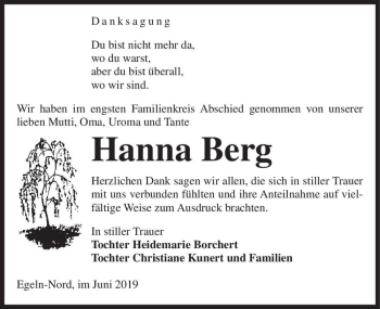 Traueranzeige von Hanna Berg  von Magdeburger Volksstimme