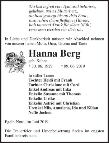 Traueranzeige von Hanna Berg (geb. Kühne)  von Magdeburger Volksstimme