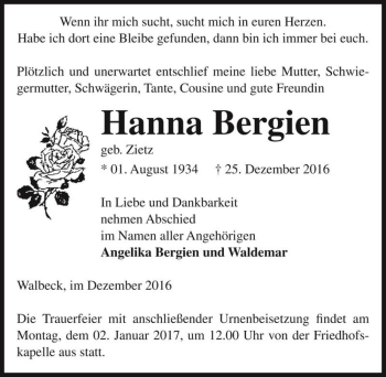 Traueranzeige von Hanna Bergien (geb. Zietz)  von Magdeburger Volksstimme
