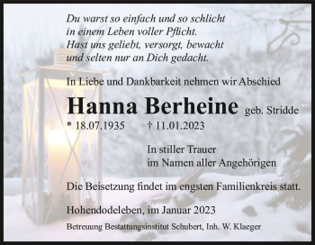 Traueranzeige von Hanna Berheine (geb. Stridde)  von Magdeburger Volksstimme