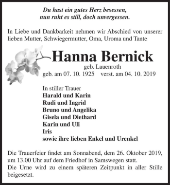 Traueranzeige von Hanna Bernick (geb. Lauenroth)  von Magdeburger Volksstimme
