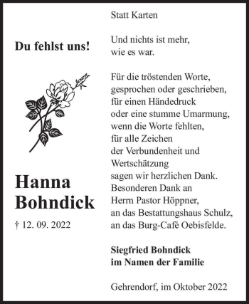 Traueranzeige von Hanna Bohndick  von Magdeburger Volksstimme