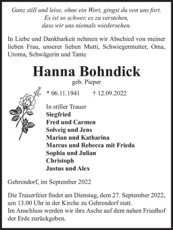 Traueranzeige von Hanna Bohndick (geb. Pieper)  von Magdeburger Volksstimme