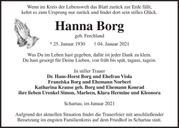 Traueranzeige von Hanna Borg (geb. Ferchland)  von Magdeburger Volksstimme