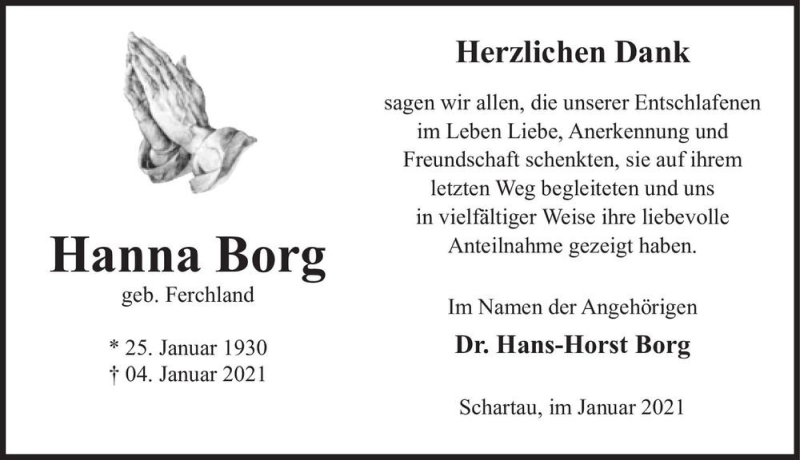  Traueranzeige für Hanna Borg (geb. Ferchland)  vom 23.01.2021 aus Magdeburger Volksstimme