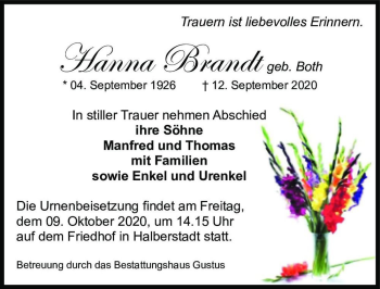 Traueranzeige von Hanna Brandt (geb. Both)  von Magdeburger Volksstimme